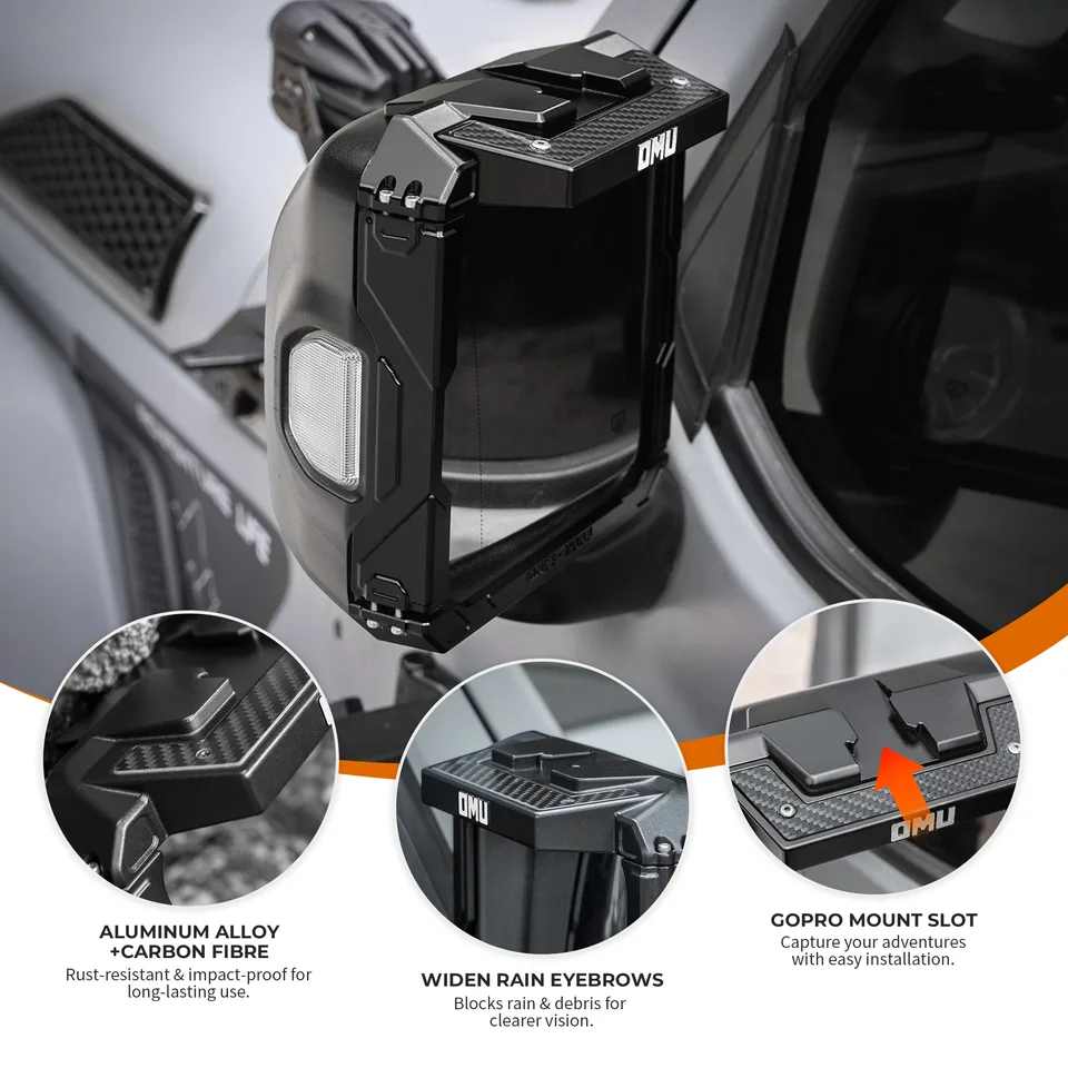 OMU Genesis Series Aluminum Rearview Mirror Rain Shield Frame For 2018+ Jeep Wrangler JL & 2020+ Jeep Wrangler Gladiator JT with Action view 6