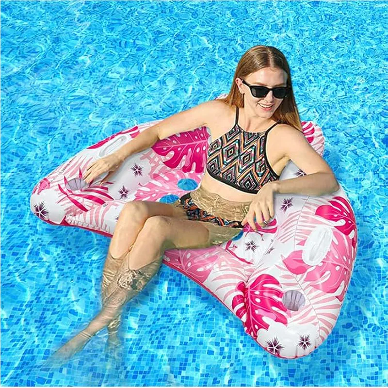 Inflatable Pool Lounge Seat Float For Adults, Tropical Print Floating Chair With Cup Holders, Portable PVC Water Float For Pool, Beach & view 5