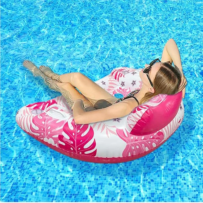 Inflatable Pool Lounge Seat Float For Adults, Tropical Print Floating Chair With Cup Holders, Portable PVC Water Float For Pool, Beach & view 4
