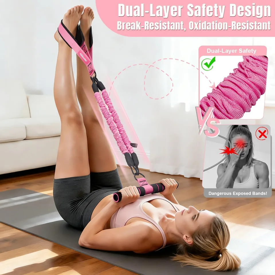 3 Tube Sit Up Resistance Bands With Handles & Foot Pedals, Adjustable Abdominal Exercise Equipment, Multifunctional Resistance Trainer For view 5