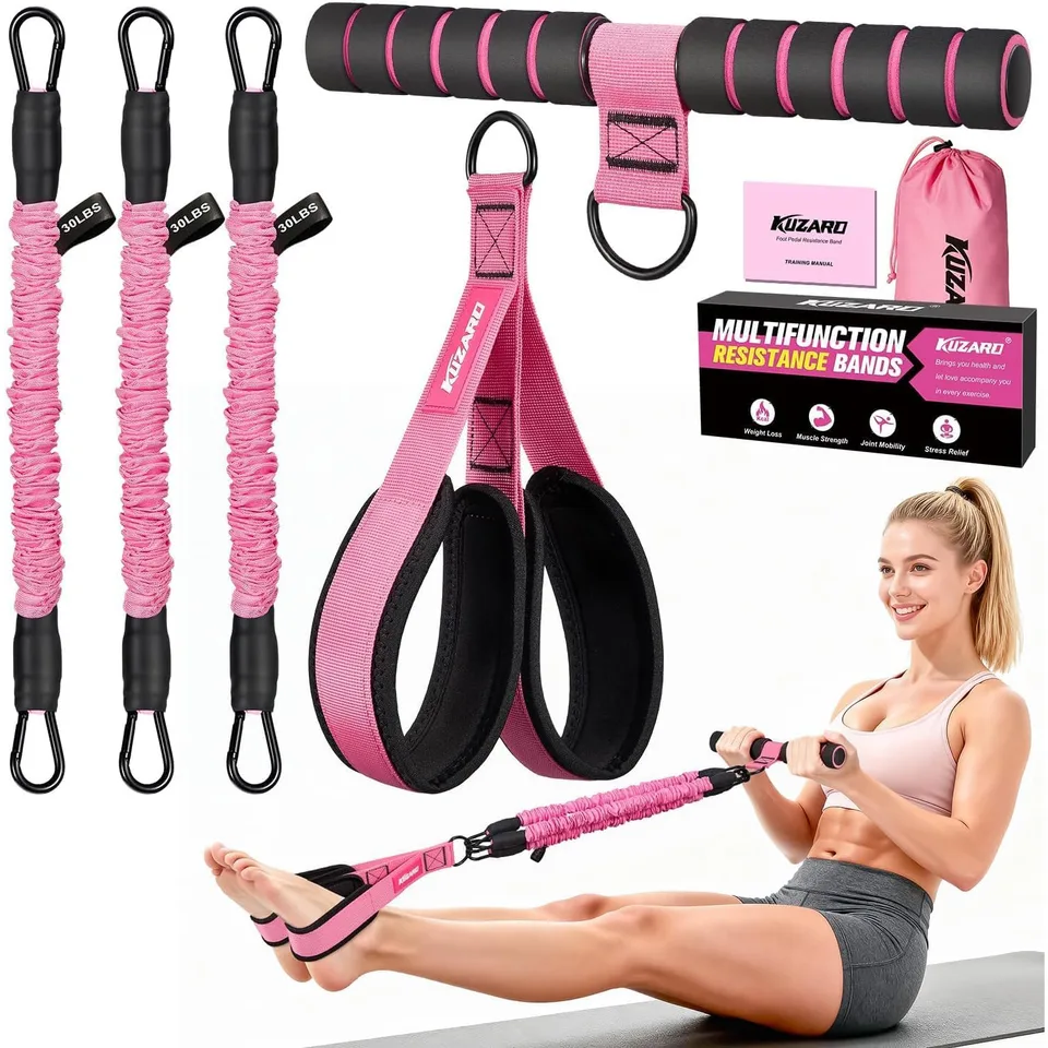 3 Tube Sit Up Resistance Bands With Handles & Foot Pedals, Adjustable Abdominal Exercise Equipment, Multifunctional Resistance Trainer For view 1