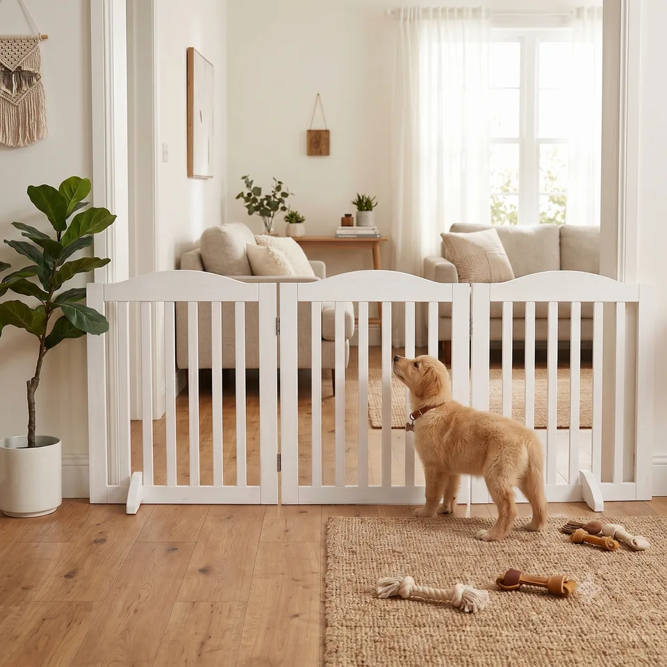 Wooden Freestanding Foldable Pet Gate for Dogs, 24 inch 3 Panels Step Over Fence, Dog Gate for The House, Doorway, view 6