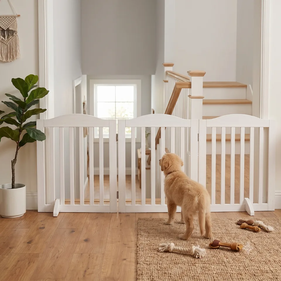 Wooden Freestanding Foldable Pet Gate for Dogs, 24 inch 3 Panels Step Over Fence, Dog Gate for The House, Doorway, view 2