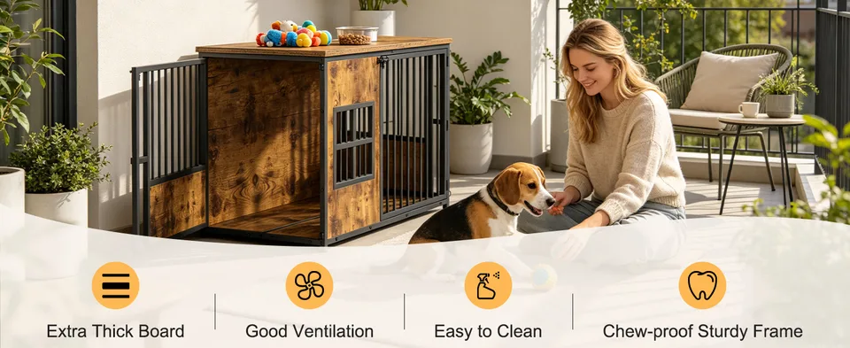 Wooden Dog Crate Furniture, Large Dog Kennel with Storage Top, Indoor Pet Cage view 5
