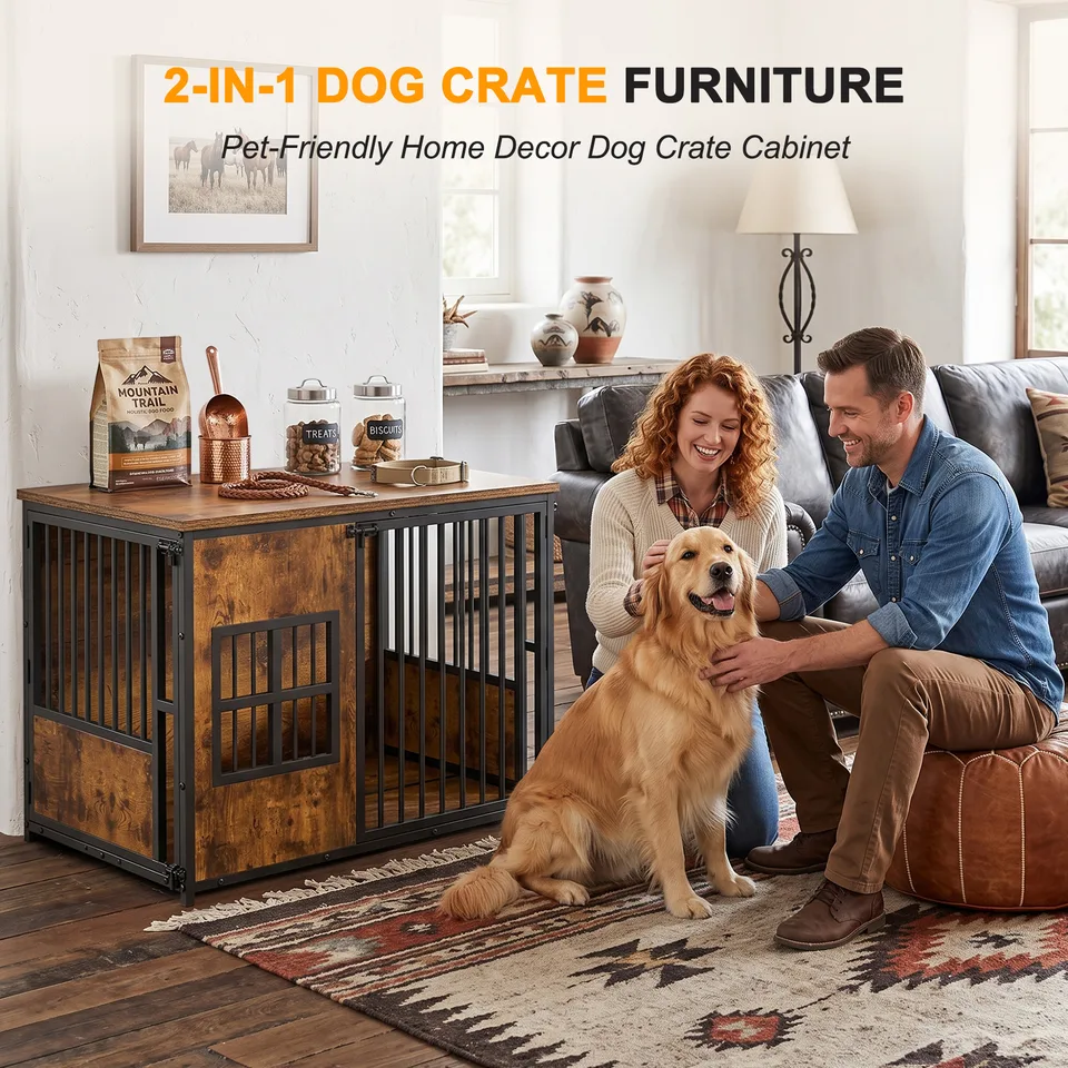 Wooden Dog Crate Furniture, Large Dog Kennel with Storage Top, Indoor Pet Cage view 10