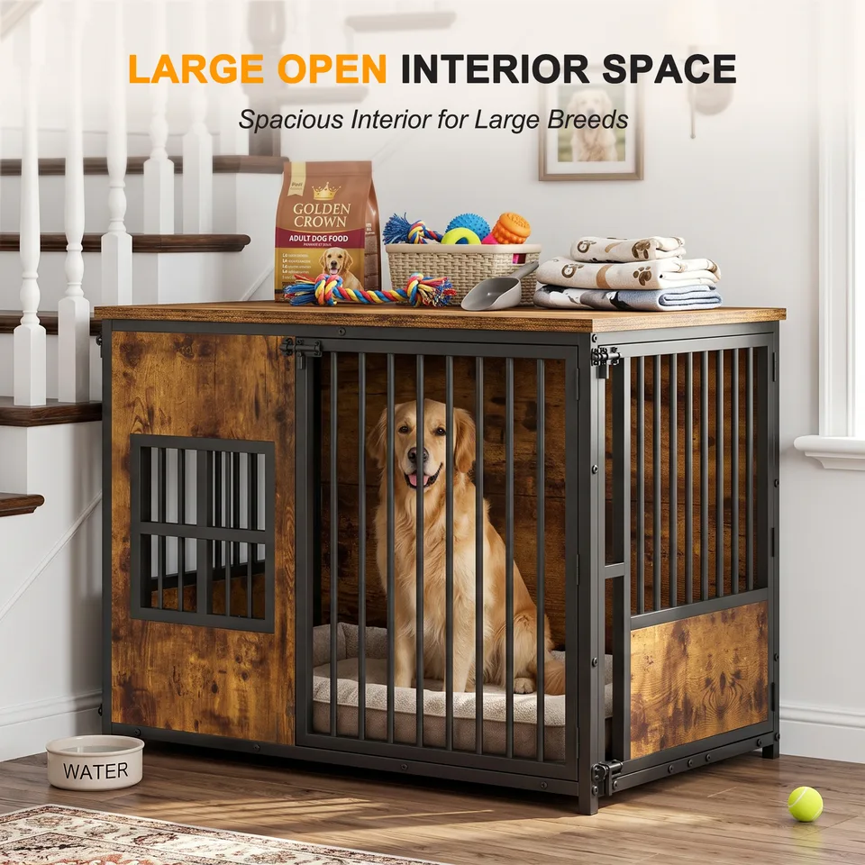 Wooden Dog Crate Furniture, Large Dog Kennel with Storage Top, Indoor Pet Cage view 9