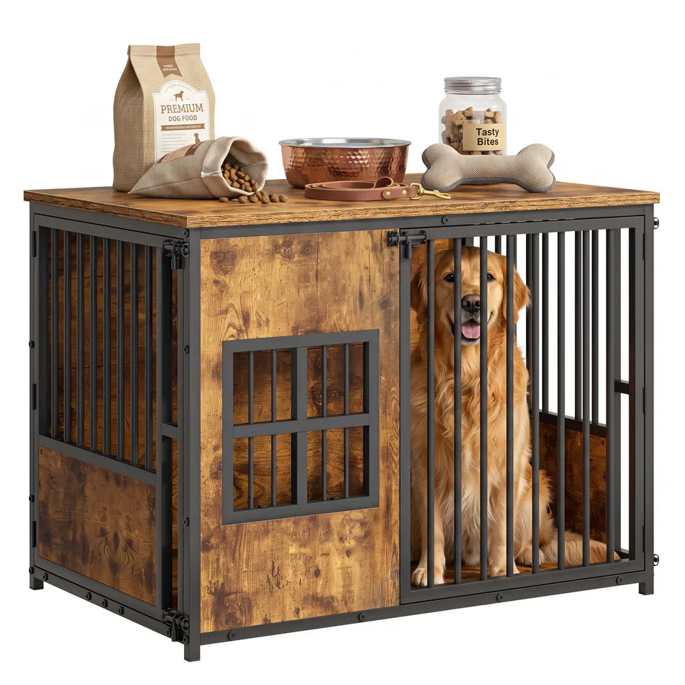Wooden Dog Crate Furniture, Large Dog Kennel with Storage Top, Indoor Pet Cage view 1