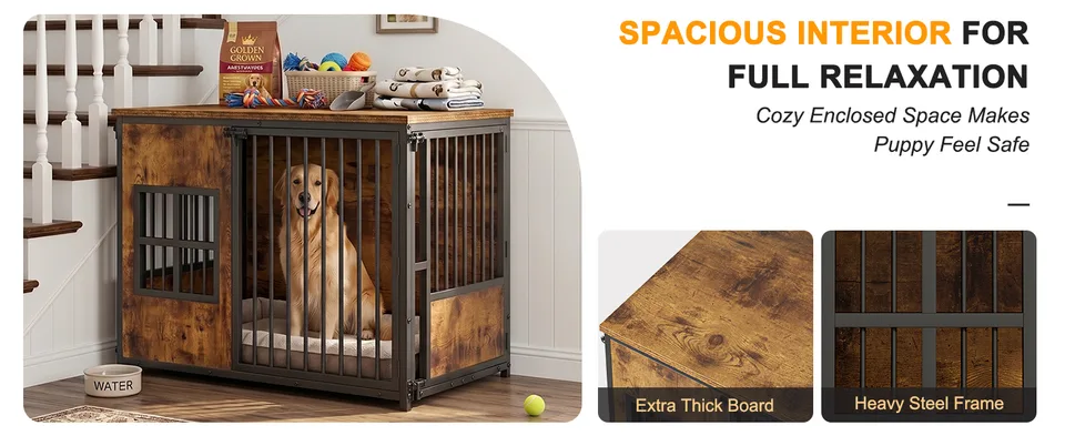Wooden Dog Crate Furniture, Large Dog Kennel with Storage Top, Indoor Pet Cage view 2