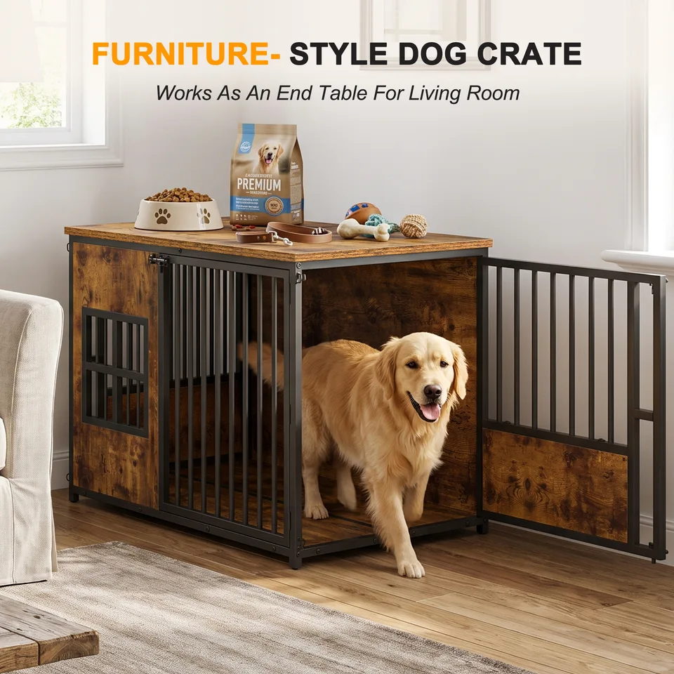 Wooden Dog Crate Furniture, Large Dog Kennel with Storage Top, Indoor Pet Cage view 7