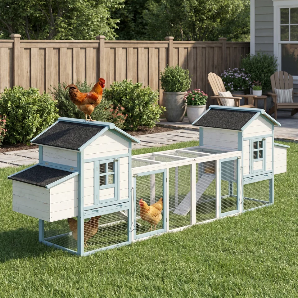 Large Wooden Chicken Coop with Double Nesting Boxes, Outdoor Walk-In Chicken Run with Waterproof Asphalt Roof, Fir Wood Poultry Cage with view 1