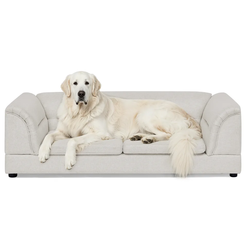 Oversized Pet Sofa, Curved Armrest Rectangular Dog Sofa, Linen Fabric Comfort Pet Couch for Large & Oversized Dogs-Beige view 14