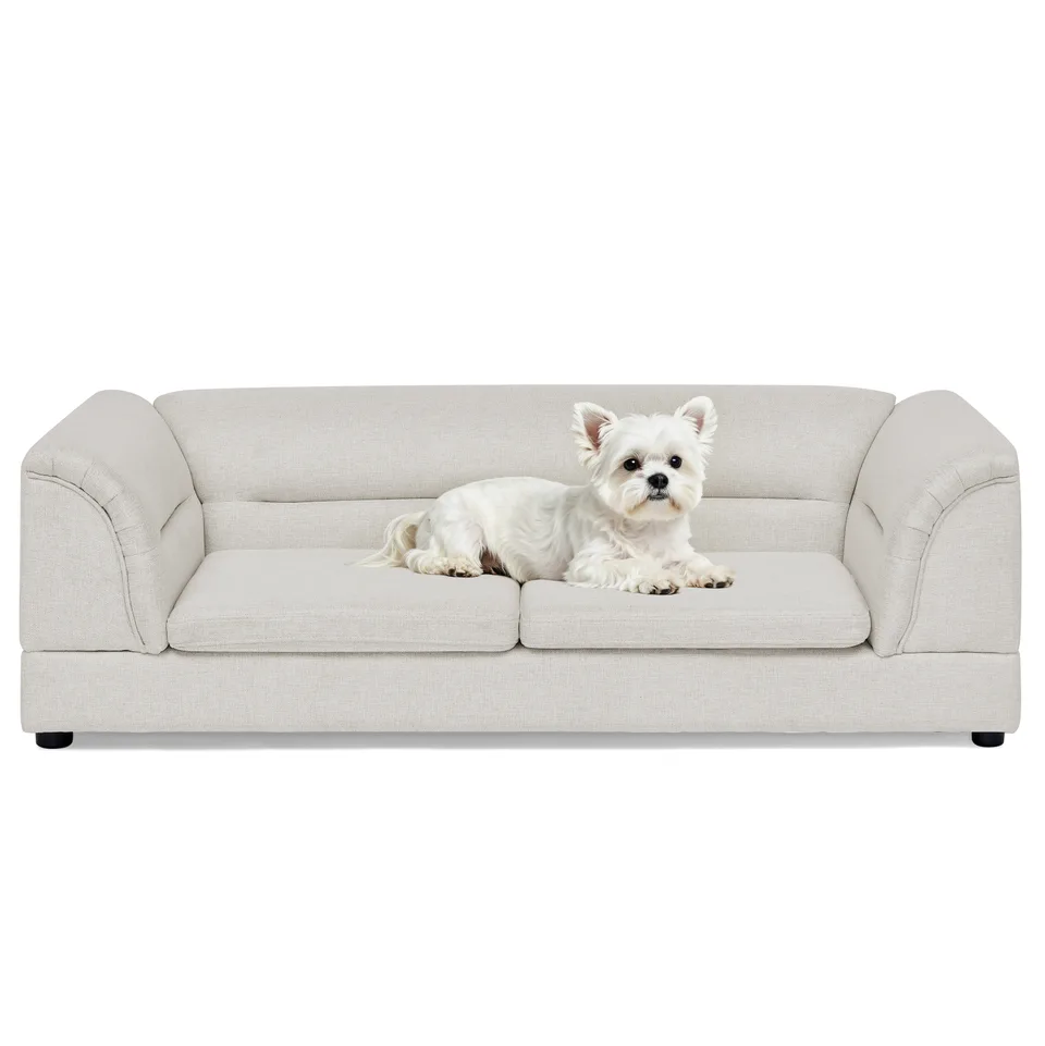 Oversized Pet Sofa, Curved Armrest Rectangular Dog Sofa, Linen Fabric Comfort Pet Couch for Large & Oversized Dogs-Beige view 7
