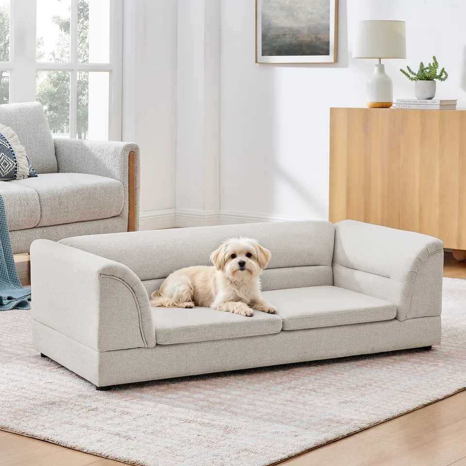 Oversized Pet Sofa, Curved Armrest Rectangular Dog Sofa, Linen Fabric Comfort Pet Couch for Large & Oversized Dogs-Beige view 6
