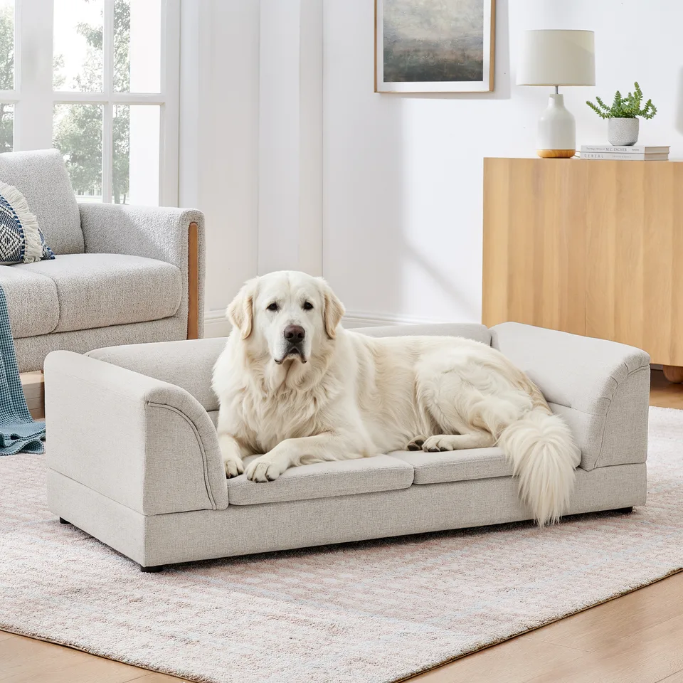Oversized Pet Sofa, Curved Armrest Rectangular Dog Sofa, Linen Fabric Comfort Pet Couch for Large & Oversized Dogs-Beige view 1