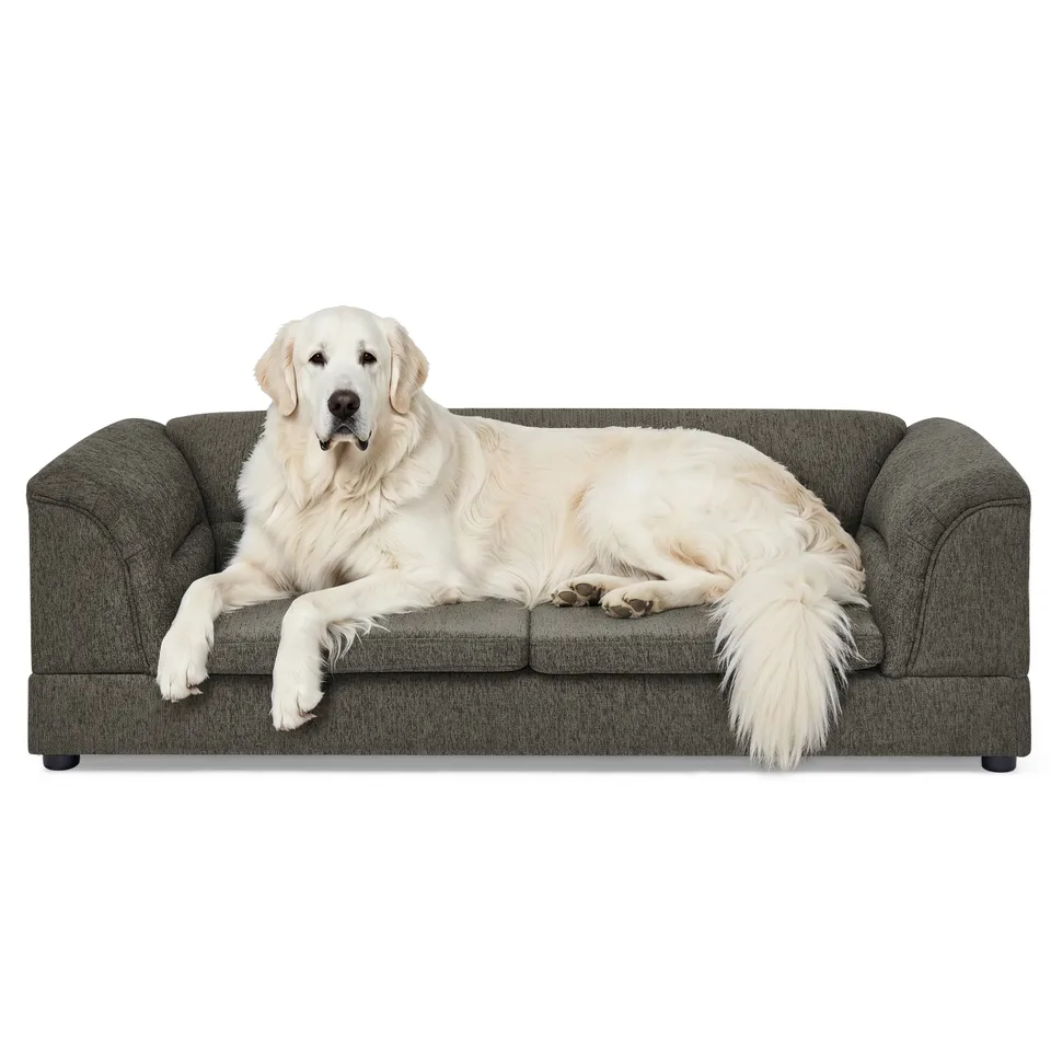 Oversized Pet Sofa, Curved Armrest Rectangular Dog Sofa, Linen Fabric Comfort Pet Couch for Large & Oversized Dogs-Dark Gray view 2