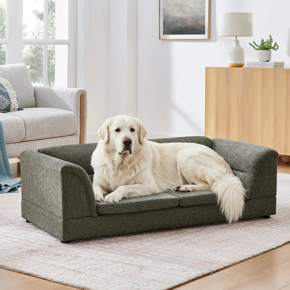 Oversized Pet Sofa, Curved Armrest Rectangular Dog Sofa, Linen Fabric Comfort Pet Couch for Large & Oversized Dogs-Dark Gray view 1