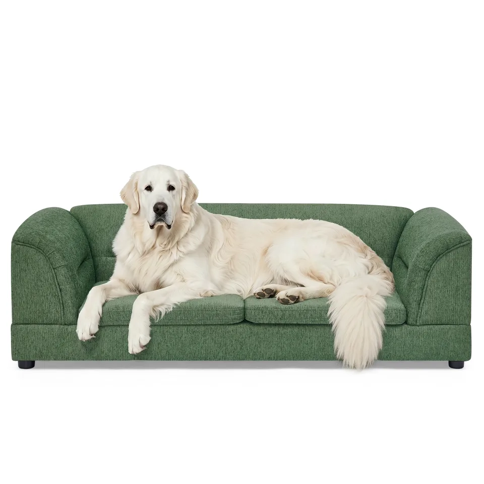 Oversized Pet Sofa, Curved Armrest Rectangular Dog Sofa, Linen Fabric Comfort Pet Couch for Large & Oversized Dogs-Olive Green view 7