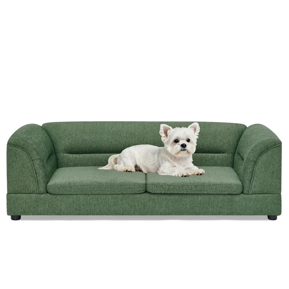 Oversized Pet Sofa, Curved Armrest Rectangular Dog Sofa, Linen Fabric Comfort Pet Couch for Large & Oversized Dogs-Olive Green view 13