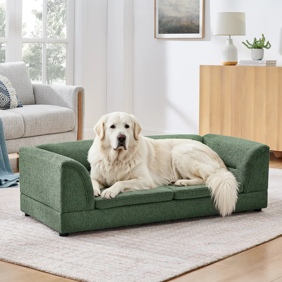 Oversized Pet Sofa, Curved Armrest Rectangular Dog Sofa, Linen Fabric Comfort Pet Couch for Large & Oversized Dogs-Olive Green view 1