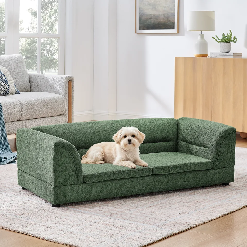 Oversized Pet Sofa, Curved Armrest Rectangular Dog Sofa, Linen Fabric Comfort Pet Couch for Large & Oversized Dogs-Olive Green view 11