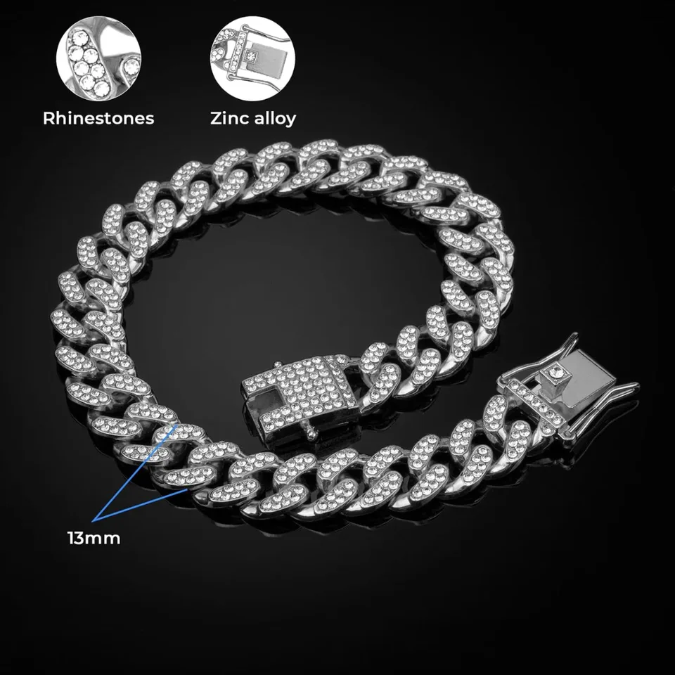 Dog Chain Collar Silver Dog Necklace Diamond Cuban Link Dog Collar 13mm Wide Metal Pet Cat Dog Chain Crystal Collar Jewelry Accessories For view 3