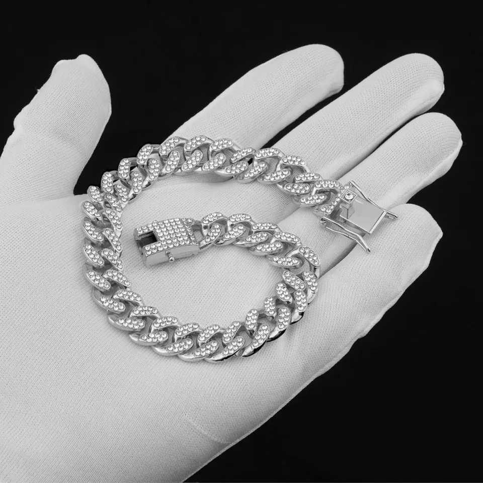 Dog Chain Collar Silver Dog Necklace Diamond Cuban Link Dog Collar 13mm Wide Metal Pet Cat Dog Chain Crystal Collar Jewelry Accessories For view 2
