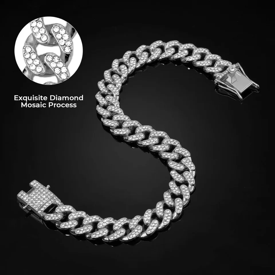 Dog Chain Collar Silver Dog Necklace Diamond Cuban Link Dog Collar 13mm Wide Metal Pet Cat Dog Chain Crystal Collar Jewelry Accessories For view 5