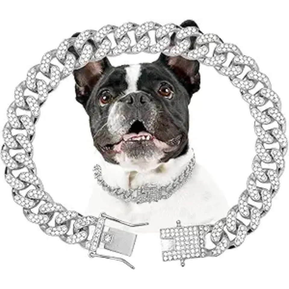 Dog Chain Collar Silver Dog Necklace Diamond Cuban Link Dog Collar 13mm Wide Metal Pet Cat Dog Chain Crystal Collar Jewelry Accessories For view 1
