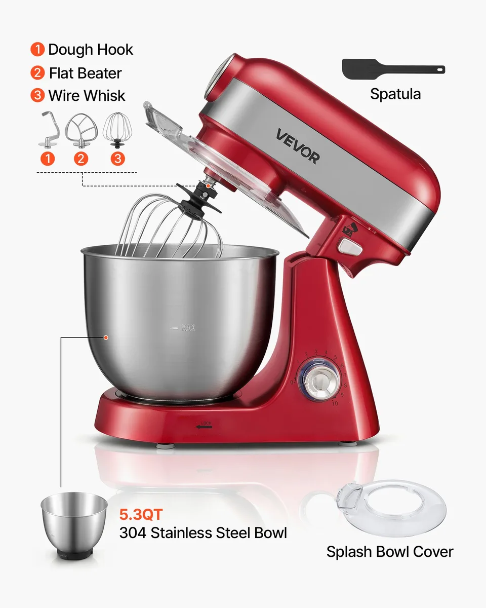 Ansicht 4 von 5.3 Qt Tilt Head Stand Mixer 400W Electric Dough Mixer, 10 Speeds Food Kitchen Mixer With Stainless Steel Bowl, Splash Guard, Dough Hook
