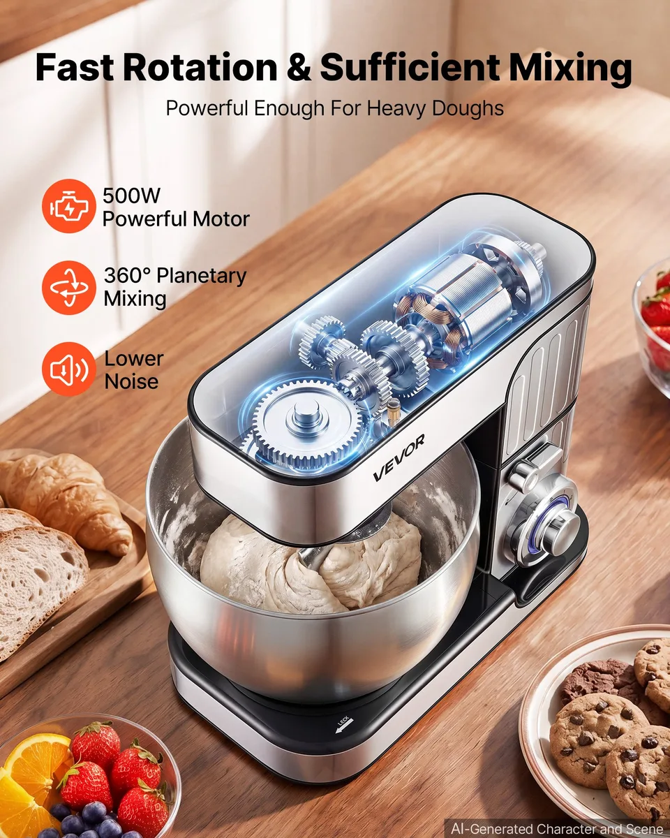 Vue 2 de 7.4 Qt Tilt Head Stand Mixer 500W Electric Dough Mixer, 6 Speeds With Pulse Food Kitchen Mixer With Stainless Steel Bowl, Splash Guard