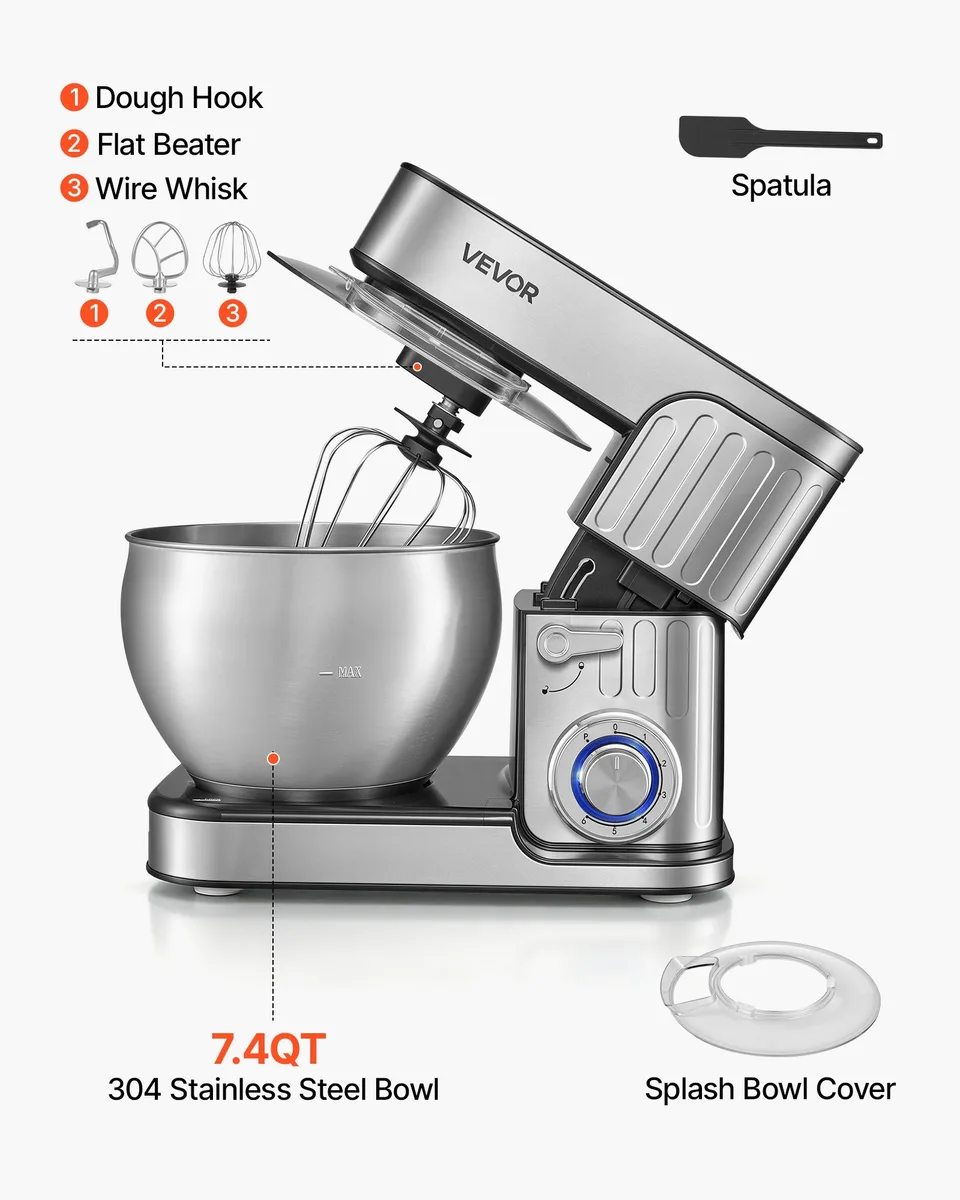 Vue 4 de 7.4 Qt Tilt Head Stand Mixer 500W Electric Dough Mixer, 6 Speeds With Pulse Food Kitchen Mixer With Stainless Steel Bowl, Splash Guard