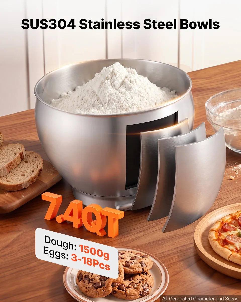Vue 5 de 7.4 Qt Tilt Head Stand Mixer 500W Electric Dough Mixer, 6 Speeds With Pulse Food Kitchen Mixer With Stainless Steel Bowl, Splash Guard