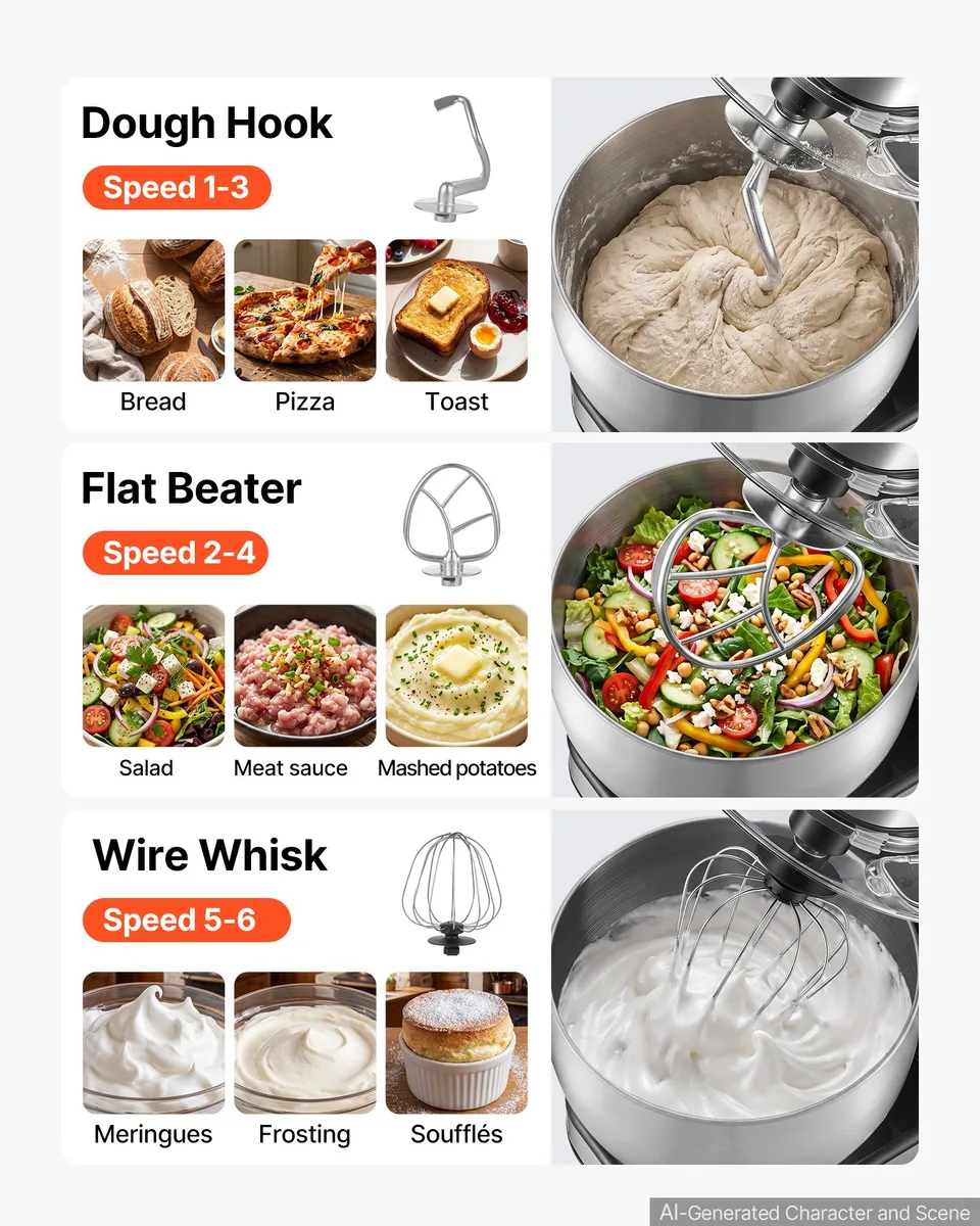 Vue 3 de 7.4 Qt Tilt Head Stand Mixer 500W Electric Dough Mixer, 6 Speeds With Pulse Food Kitchen Mixer With Stainless Steel Bowl, Splash Guard