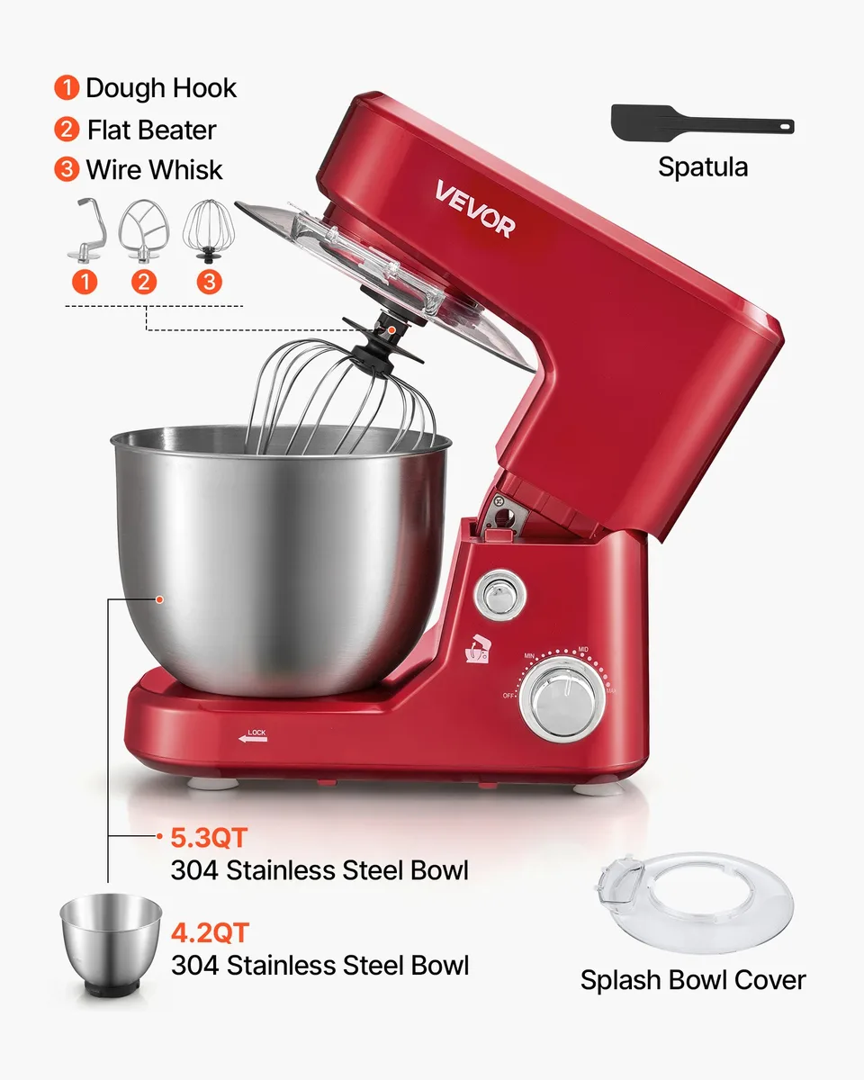 Ansicht 5 von 5.3+4.2 Qt Tilt Head Stand Mixer 400W Electric Dough Mixer, 3 Speeds Food Kitchen Mixer With Stainless Steel Bowl, Splash Guard, Dough Hook