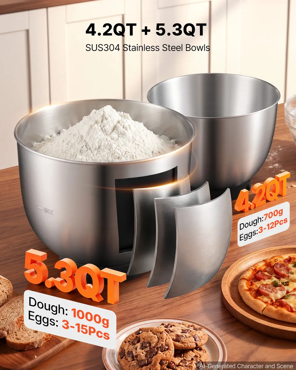 Ansicht 4 von 5.3+4.2 Qt Tilt Head Stand Mixer 400W Electric Dough Mixer, 3 Speeds Food Kitchen Mixer With Stainless Steel Bowl, Splash Guard, Dough Hook