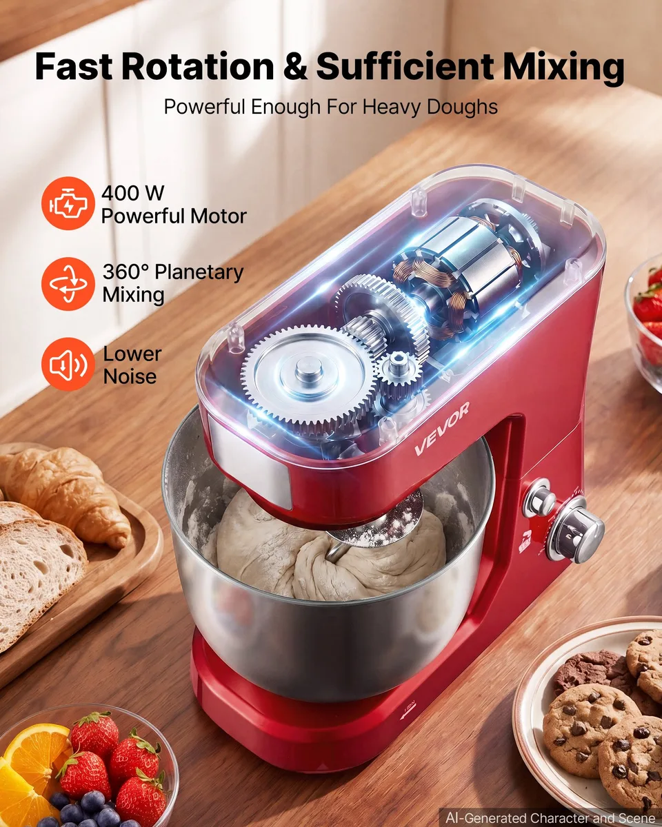 Ansicht 2 von 5.3+4.2 Qt Tilt Head Stand Mixer 400W Electric Dough Mixer, 3 Speeds Food Kitchen Mixer With Stainless Steel Bowl, Splash Guard, Dough Hook