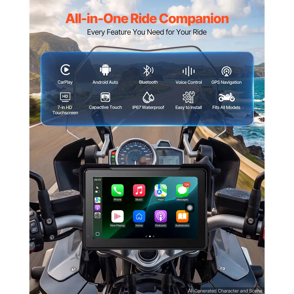 Ansicht 3 von 7 Inch Wireless Motorcycle Carplay With Apple Carplay & Android Auto, HD Touchscreen GPS Navigation System With Voice Control, Dual