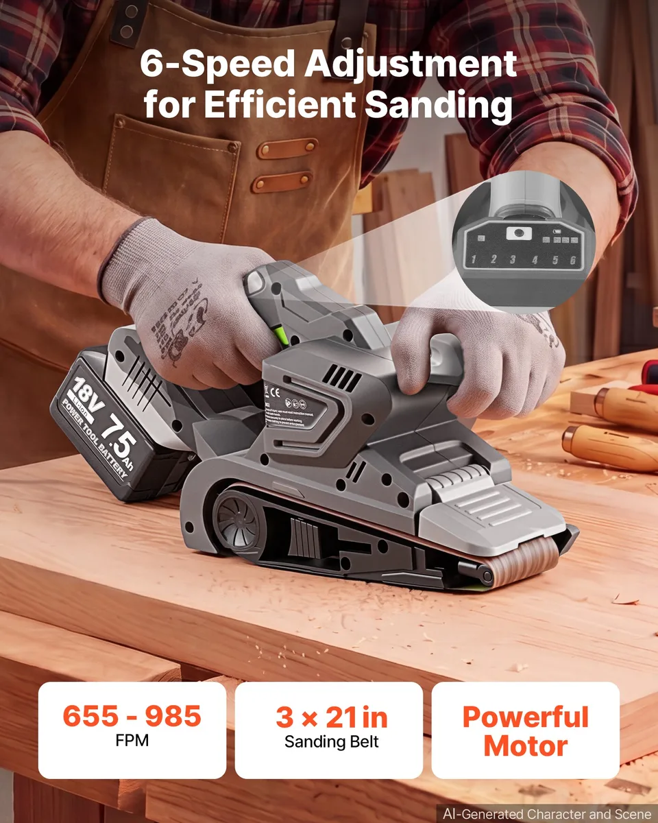 Weergave 3 van 20V Max Cordless Belt Sander, 3" X 21" Belt Sander For Woodworking, 6 Variable Speeds Sanding Machine With 10PCS Sanding Belts, 2 Dust Bags