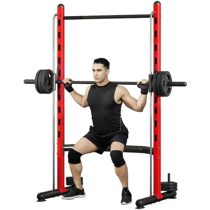 Soozier Squat Rack With Pull Up Bar And Barbell Bar Adjustable Bench Press Multi-Function Weight Lifting Half Rack Red view 6
