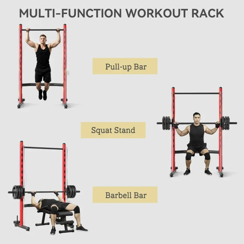 Soozier Squat Rack With Pull Up Bar And Barbell Bar Adjustable Bench Press Multi-Function Weight Lifting Half Rack Red view 2