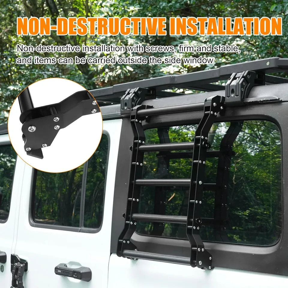 Rear Window Ladder Compatible With 2018-2025 Je Ep Wrangler JL JLU 2 Door 4 Door, Heavy Duty Aluminum Alloy Roof Access Ladder Rack, 200LBS view 4