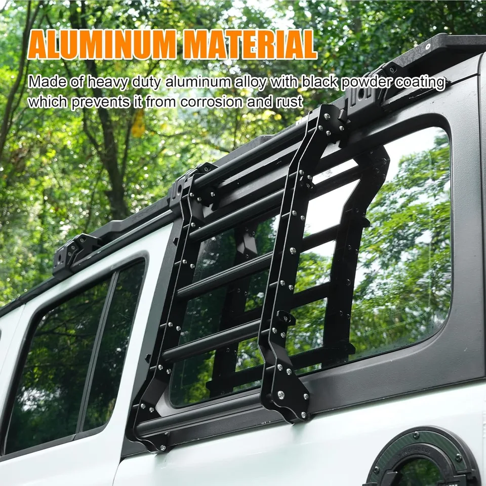 Rear Window Ladder Compatible With 2018-2025 Je Ep Wrangler JL JLU 2 Door 4 Door, Heavy Duty Aluminum Alloy Roof Access Ladder Rack, 200LBS view 3