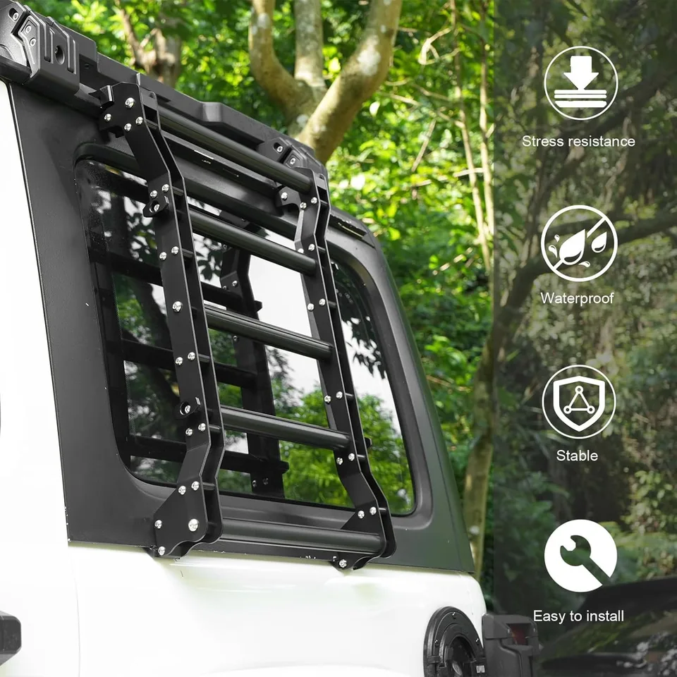 Rear Window Ladder Compatible With 2018-2025 Je Ep Wrangler JL JLU 2 Door 4 Door, Heavy Duty Aluminum Alloy Roof Access Ladder Rack, 200LBS view 7