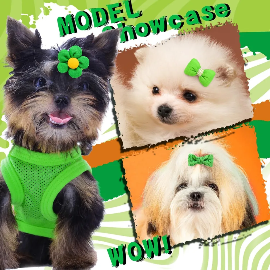 20 Pcs Green Dog Hair Bows With Rubber Bands For Small Medium Dogs view 4