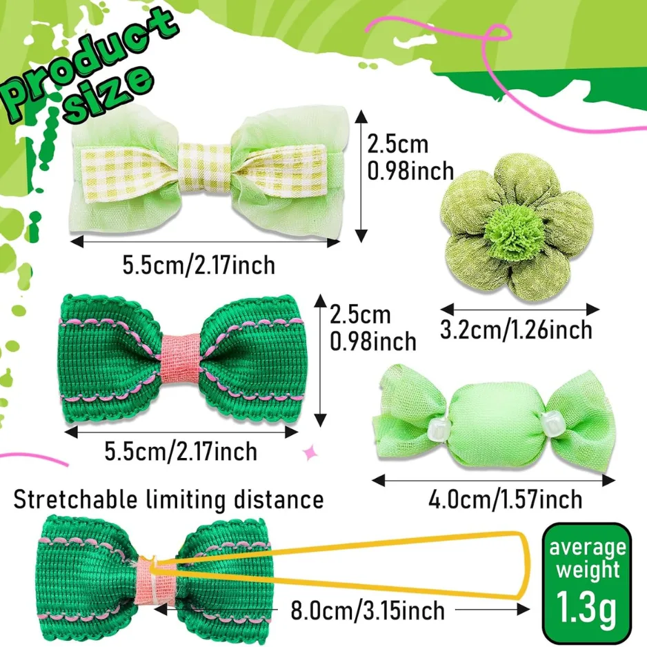 20 Pcs Green Dog Hair Bows With Rubber Bands For Small Medium Dogs view 3