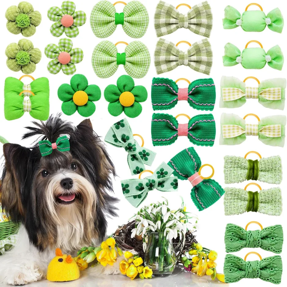 20 Pcs Green Dog Hair Bows With Rubber Bands For Small Medium Dogs view 1