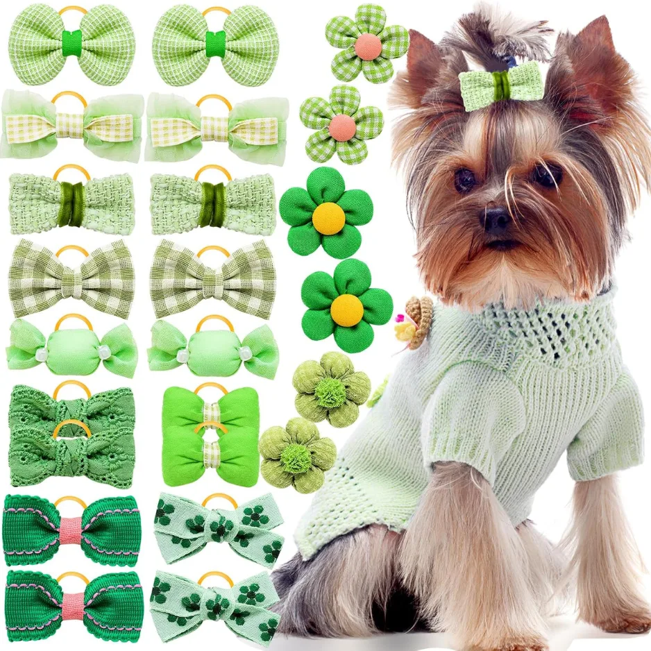 20 Pcs Green Dog Hair Bows With Rubber Bands For Small Medium Dogs view 7