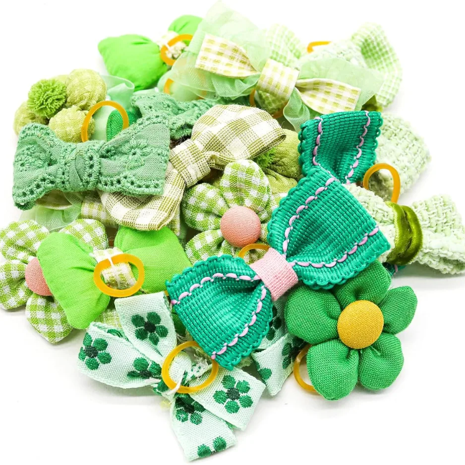 20 Pcs Green Dog Hair Bows With Rubber Bands For Small Medium Dogs view 6