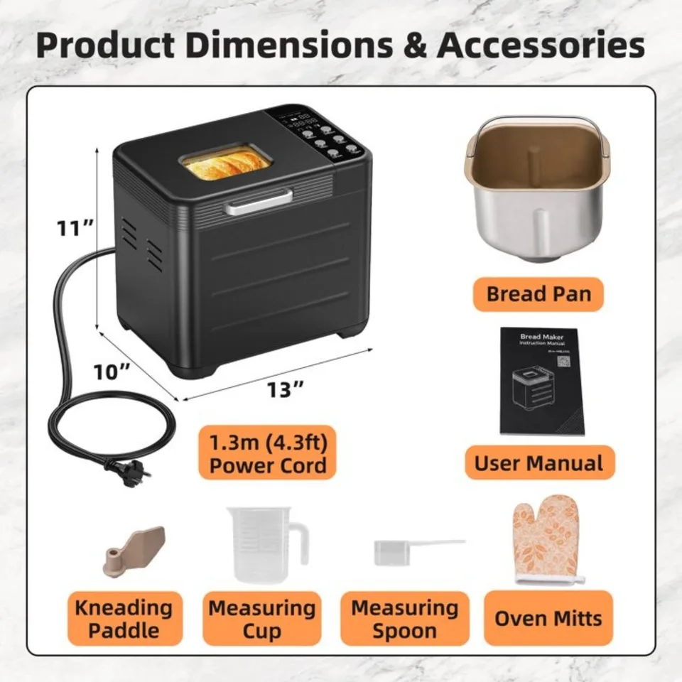 Ansicht 2 von Bread Maker Machine With 12 Menu Options, 3 Loaf Sizes Up To 2 Lb, 3 Crust Settings, Removable Pan And Kneading Paddle