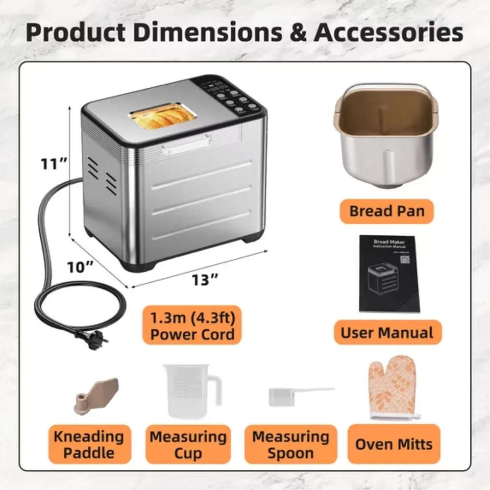 Ansicht 4 von Bread Maker Machine With 12 Menu Options, 3 Loaf Sizes Up To 2 Lb, 3 Crust Settings, Removable Pan And Kneading Paddle
